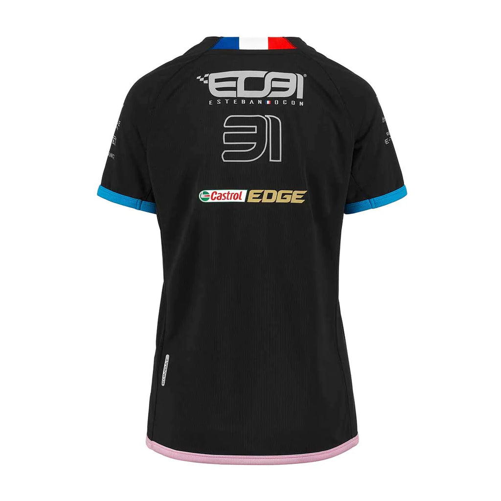 Alpine Racing F1 2023 Driver Esteban Ocon Womens Black/Liquid Blue/Pink T-Shirt