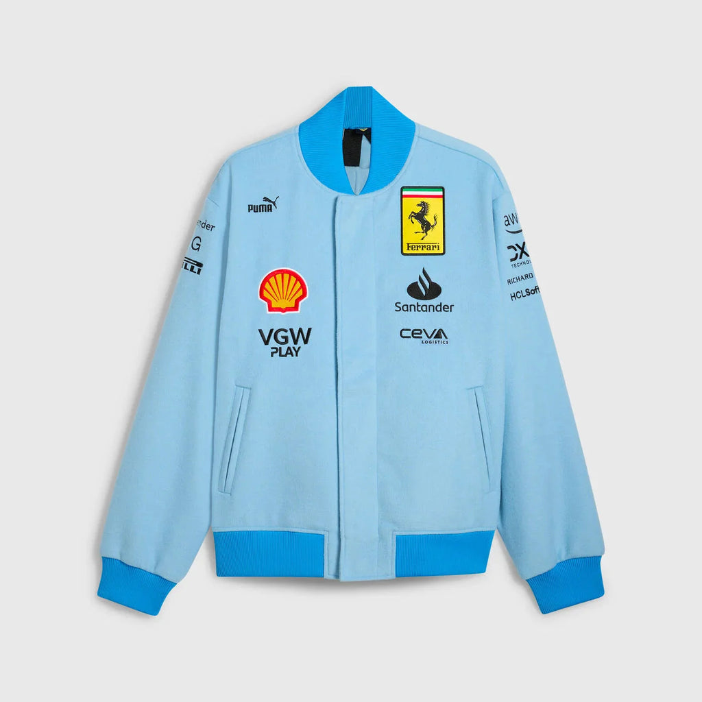 Scuderia Ferrari F1 Team Mens Varsity Jacket Miami Blue Jacket