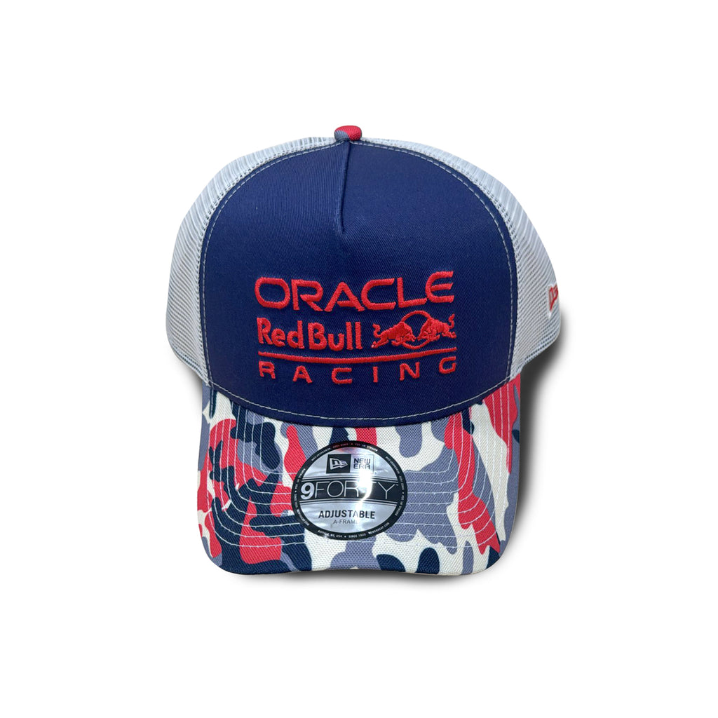 Red Bull Racing F1 Team New Era Blue and White Trucker Hat with Camo Visor